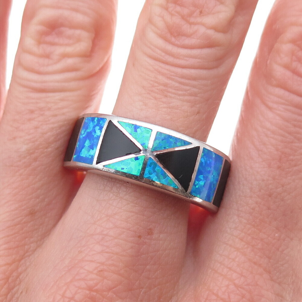 925 Sterling Silver Real Black Onyx & Opal Ring Size 11.75